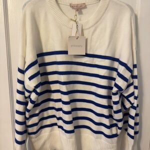 Philosophy White Crewneck Sweater with Blue Stripes